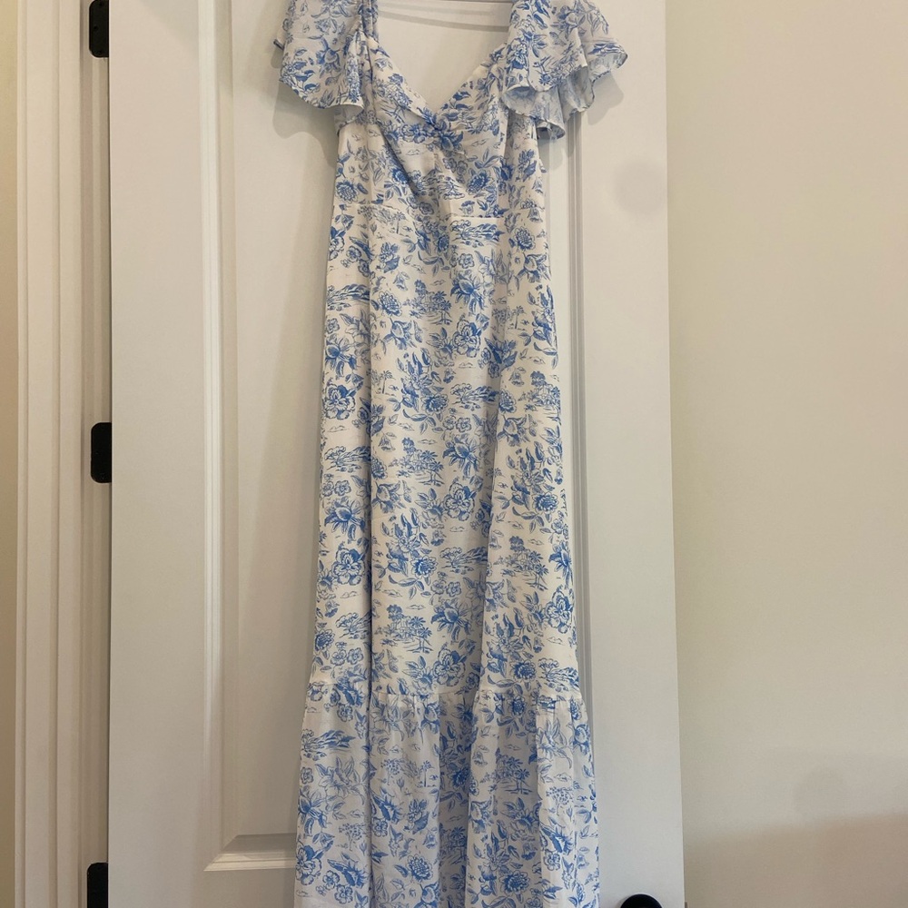Amazon Blue and White Off-the-Shoulder Maxi Sundress